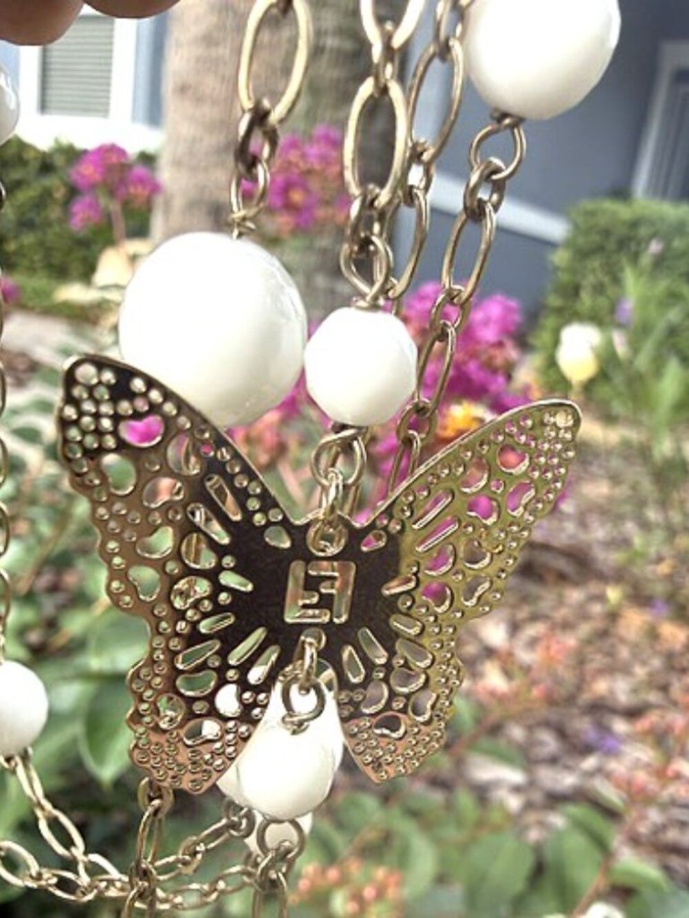 Fendi F Fendi Gold Tone Long Chain Butterfly Necklace Faux Pearl VINTAGE RARE